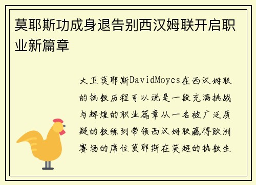 莫耶斯功成身退告别西汉姆联开启职业新篇章